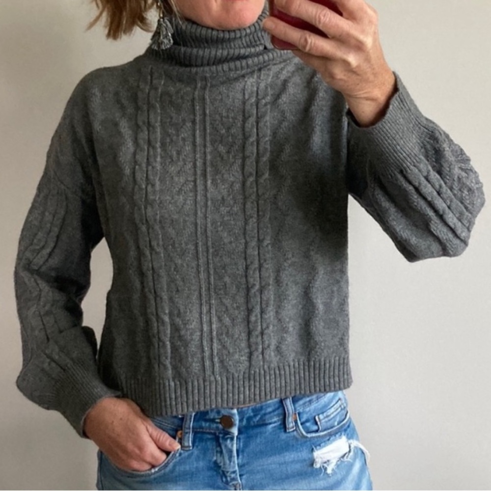 Grey Cable Knit Cropped Turtleneck Sweater - Picture 2 of 9